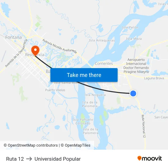Ruta 12 to Universidad Popular map