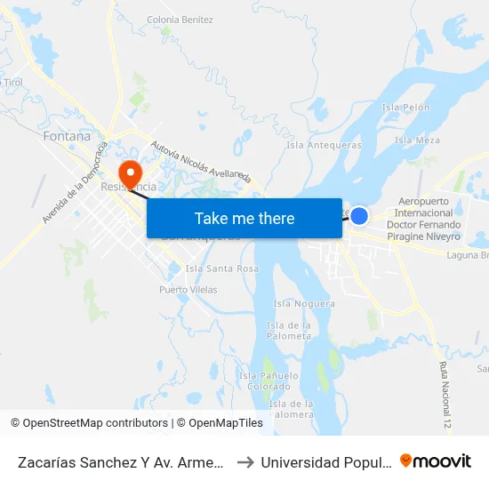 Zacarías Sanchez Y Av. Armenia to Universidad Popular map