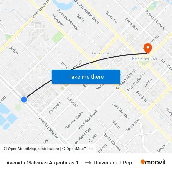 Avenida Malvinas Argentinas 1570 to Universidad Popular map