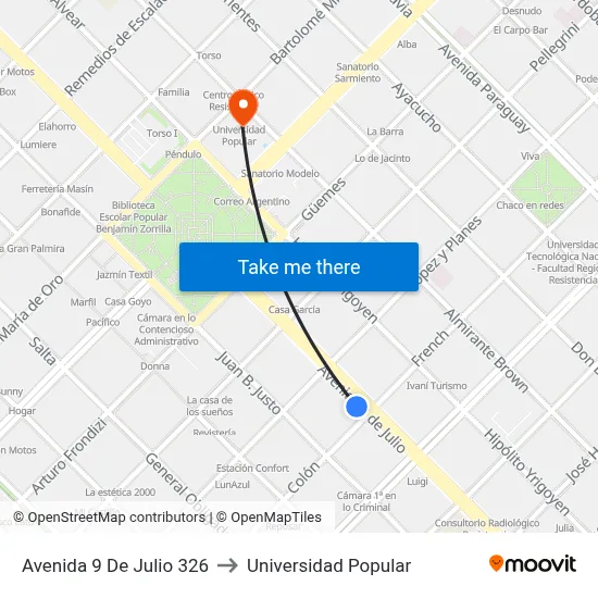 Avenida 9 De Julio 326 to Universidad Popular map