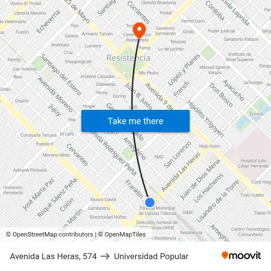 Avenida Las Heras, 574 to Universidad Popular map