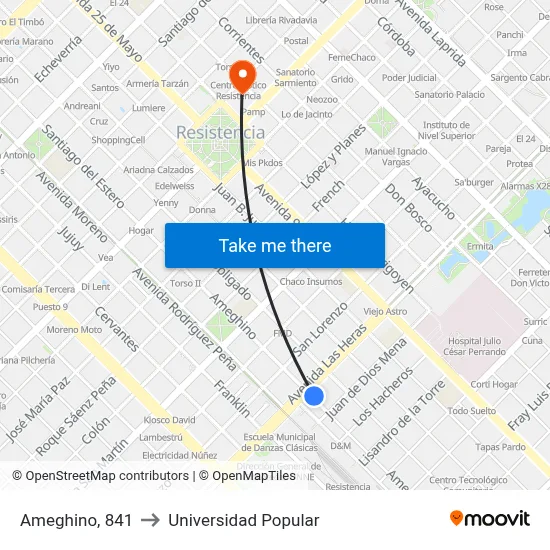 Ameghino, 841 to Universidad Popular map