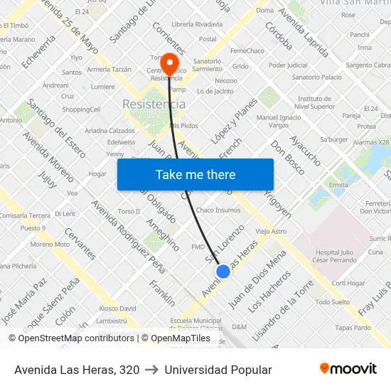 Avenida Las Heras, 320 to Universidad Popular map
