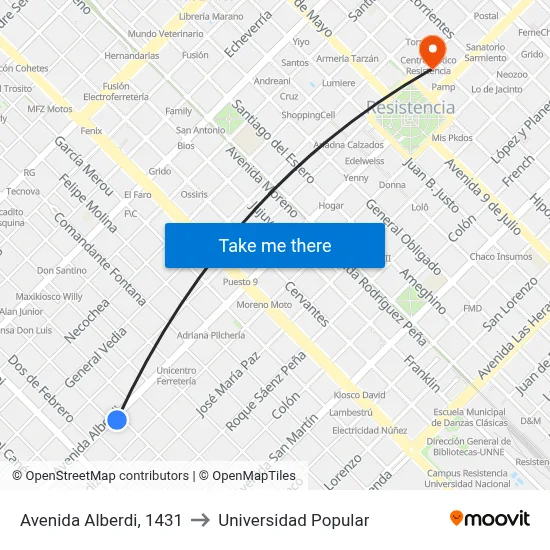 Avenida Alberdi, 1431 to Universidad Popular map