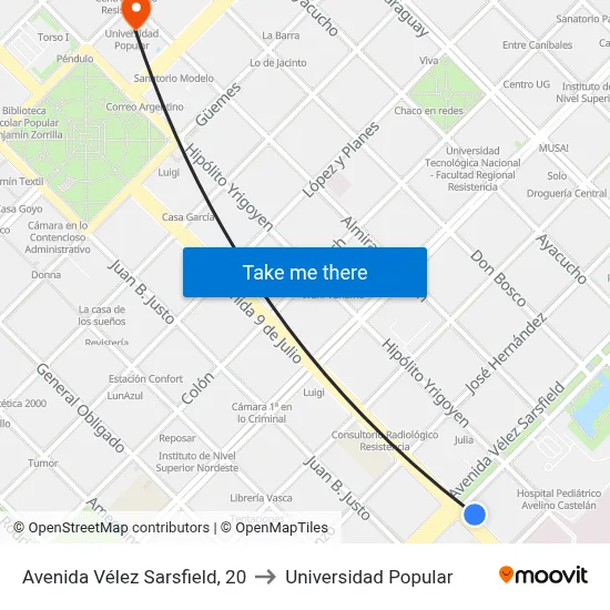Avenida Vélez Sarsfield, 20 to Universidad Popular map