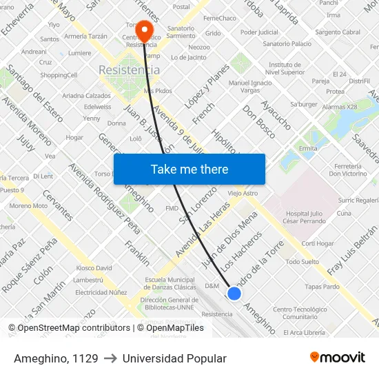 Ameghino, 1129 to Universidad Popular map