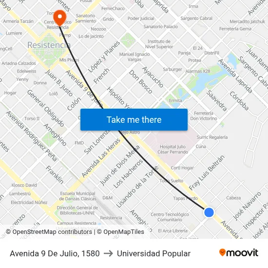 Avenida 9 De Julio, 1580 to Universidad Popular map