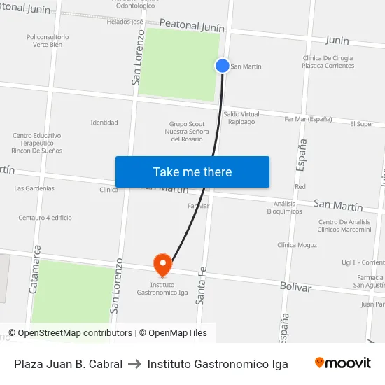 Plaza Juan B. Cabral to Instituto Gastronomico Iga map