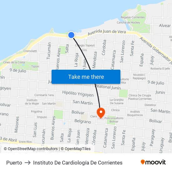 Puerto to Instituto De Cardiología De Corrientes map