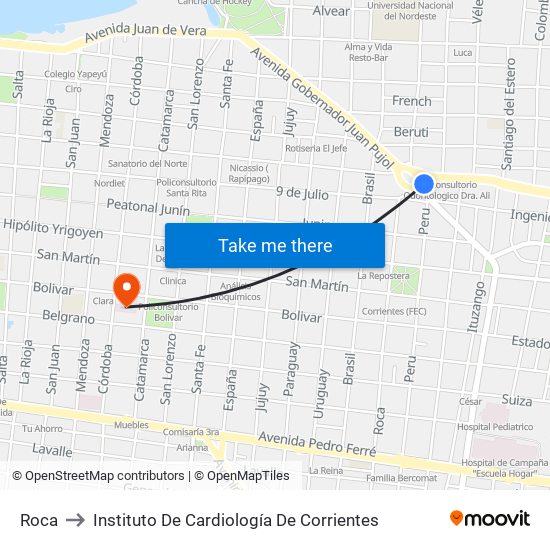 Roca to Instituto De Cardiología De Corrientes map