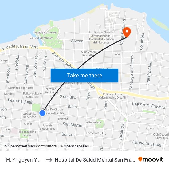 H. Yrigoyen Y Santa Fe to Hospital De Salud Mental San Francisco De Asis map