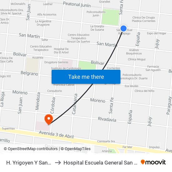 H. Yrigoyen Y Santa Fe to Hospital Escuela General San Martín map