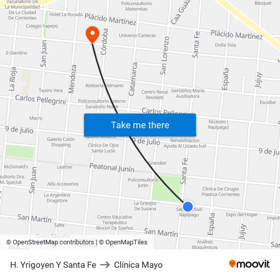 H. Yrigoyen Y Santa Fe to Clínica Mayo map