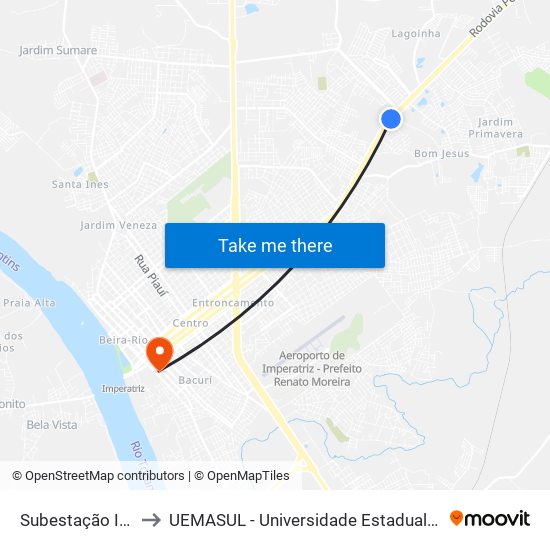 Subestação Imperatriz (C/B) to UEMASUL - Universidade Estadual da Região Tocantina do Maranhão map