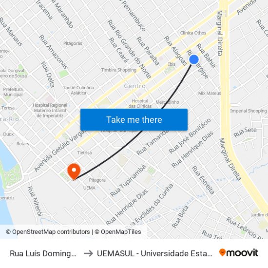 Rua Luís Domingues X Rua Sergipe (C/B) to UEMASUL - Universidade Estadual da Região Tocantina do Maranhão map