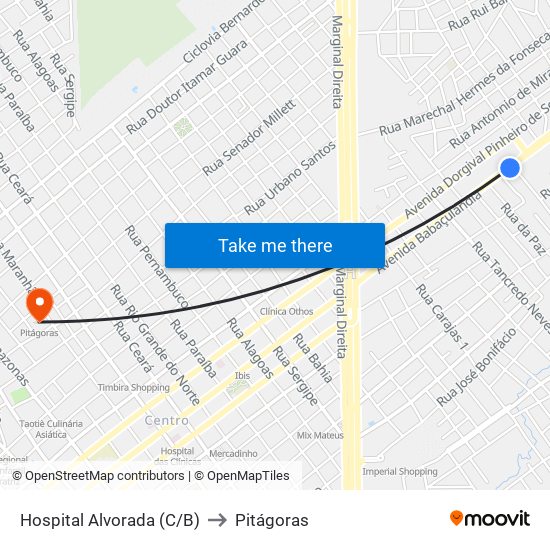 Hospital Alvorada (C/B) to Pitágoras map