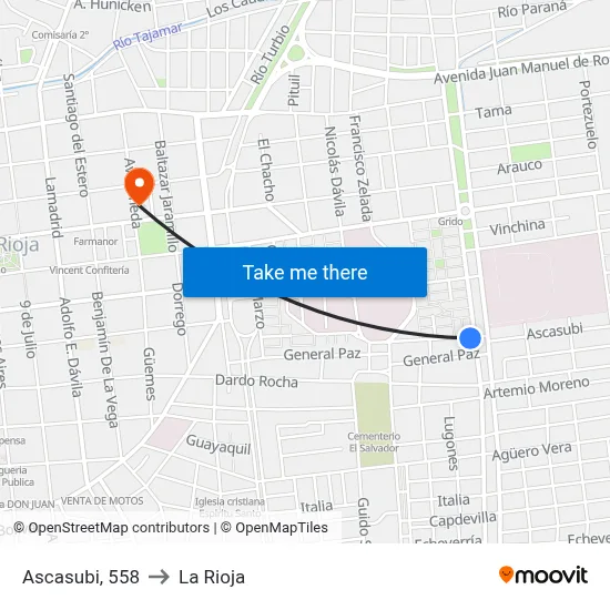 Ascasubi, 558 to La Rioja map