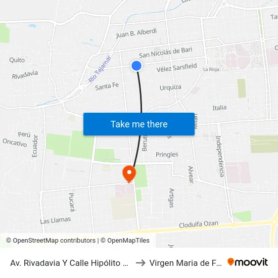 Av. Rivadavia Y Calle Hipólito Yrigoyen to Virgen Maria de Fatima map