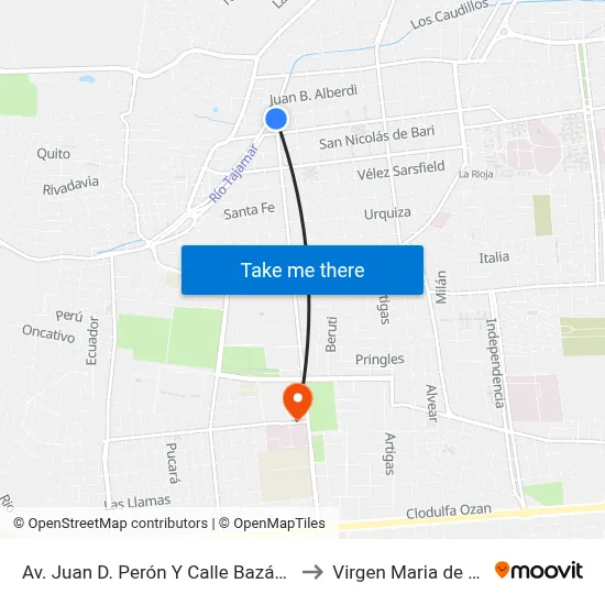 Av. Juan D. Perón Y Calle Bazán Y Bustos to Virgen Maria de Fatima map