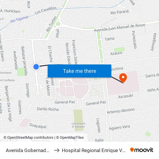 Avenida Gobernador Gordillo, 73 to Hospital Regional Enrique Vera Barros - Capital map