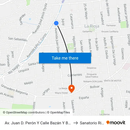 Av. Juan D. Perón Y Calle Bazán Y Bustos to Sanatorio Rioja map