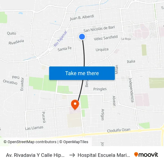 Av. Rivadavia Y Calle Hipólito Yrigoyen to Hospital Escuela Maria De Fatima map