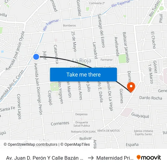 Av. Juan D. Perón Y Calle Bazán Y Bustos to Maternidad Privada map