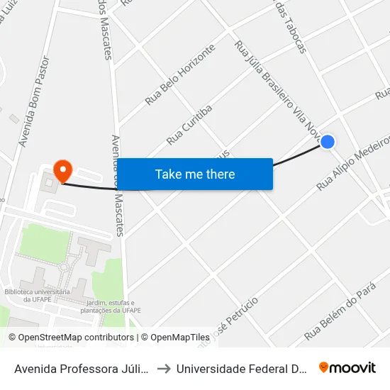 Avenida Professora Júlia Brasileiro Vila Nova 634 to Universidade Federal Do Agreste De Pernambuco map