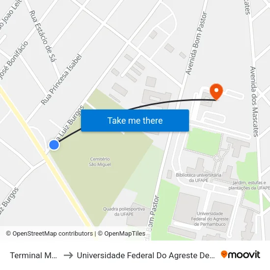 Terminal Mundaú to Universidade Federal Do Agreste De Pernambuco map