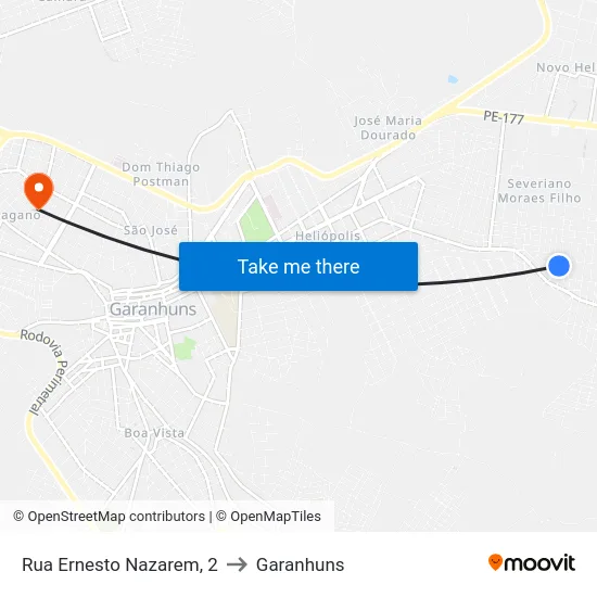 Rua Ernesto Nazarem, 2 to Garanhuns map