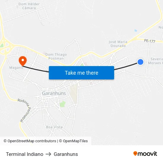Terminal Indiano to Garanhuns map
