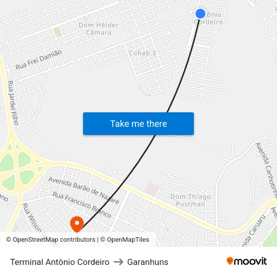 Terminal Antônio Cordeiro to Garanhuns map