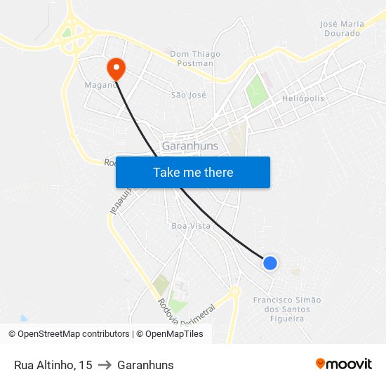 Rua Altinho, 15 to Garanhuns map