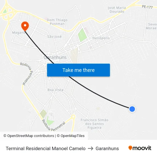 Terminal Residencial Manoel Camelo to Garanhuns map