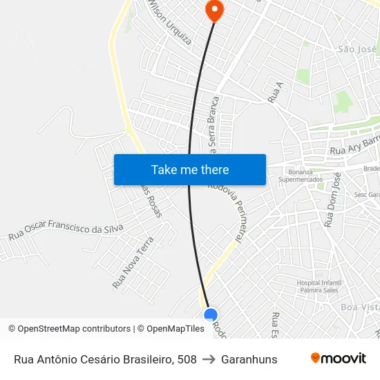 Rua Antônio Cesário Brasileiro, 508 to Garanhuns map