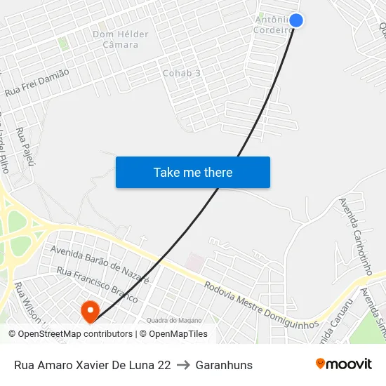Rua Amaro Xavier De Luna 22 to Garanhuns map