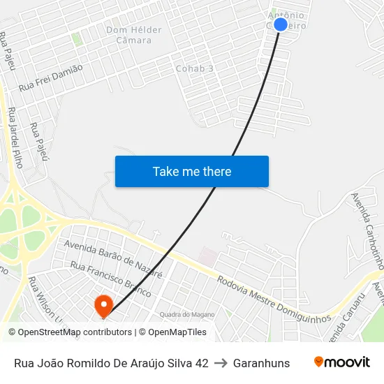 Rua João Romildo De Araújo Silva 42 to Garanhuns map