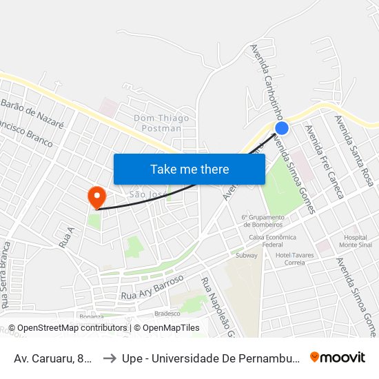 Av. Caruaru, 845 to Upe - Universidade De Pernambuco map