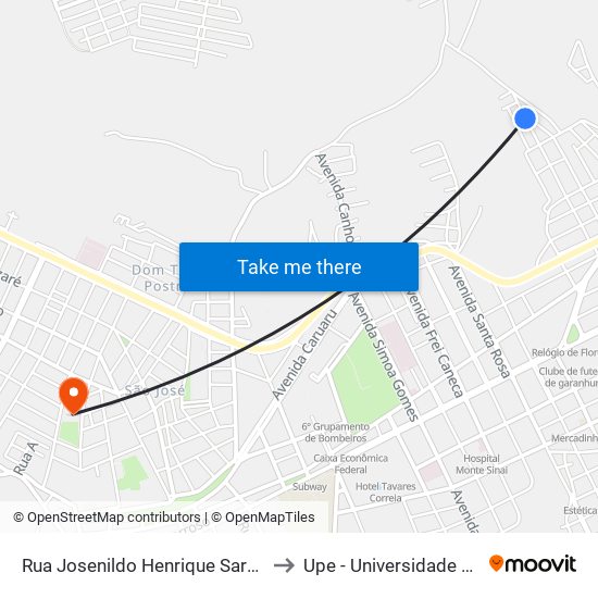 Rua Josenildo Henrique Saraiva Dos Santos, 725 to Upe - Universidade De Pernambuco map