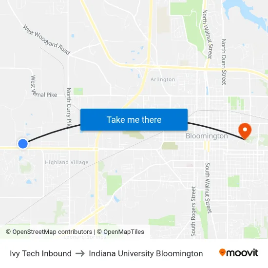 Ivy Tech Inbound to Indiana University Bloomington map