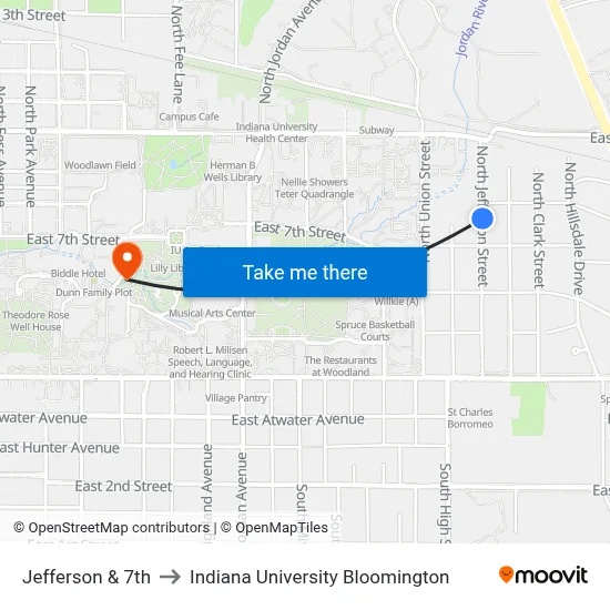 Jefferson & 7th to Indiana University Bloomington map