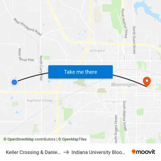 Keller Crossing & Daniels Way to Indiana University Bloomington map