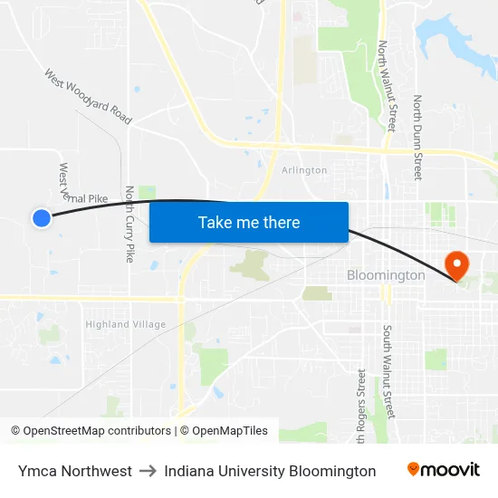Ymca Northwest to Indiana University Bloomington map