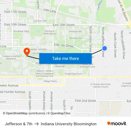 Jefferson & 7th to Indiana University Bloomington map