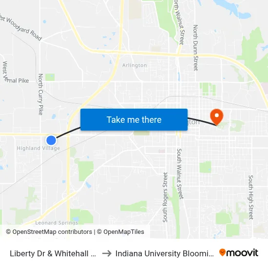 Liberty Dr & Whitehall Plaza to Indiana University Bloomington map