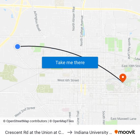 Crescent Rd at the Union at Crescent Apartments to Indiana University Bloomington map