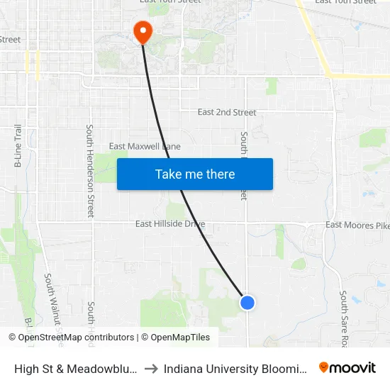 High St & Meadowbluff Ct to Indiana University Bloomington map