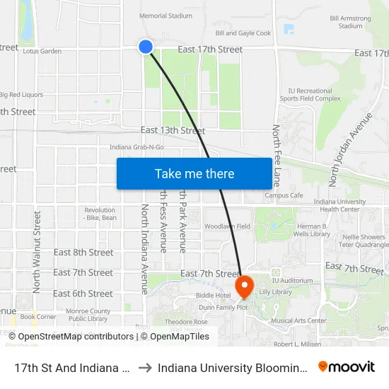 17th St And Indiana Ave to Indiana University Bloomington map