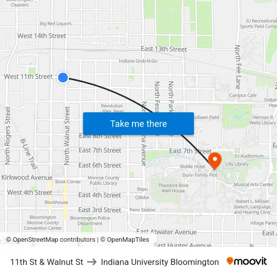 11th St & Walnut St to Indiana University Bloomington map