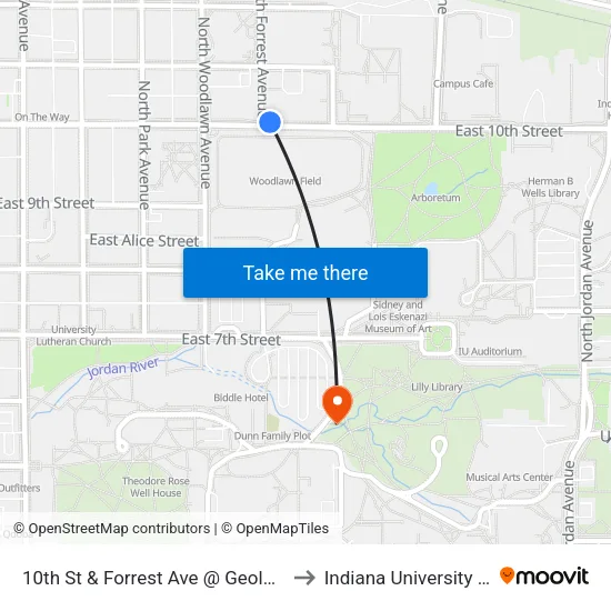 10th St & Forrest Ave @ Geology And Informatics to Indiana University Bloomington map